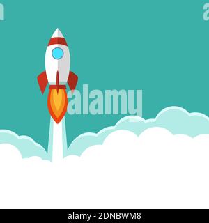 Rocket si lancia nello spazio volando su nuvole bianche soffici e sfondo turchese con spazio di copia per il design o il testo. Vettore di disegno di stile piatto Illustrazione Vettoriale