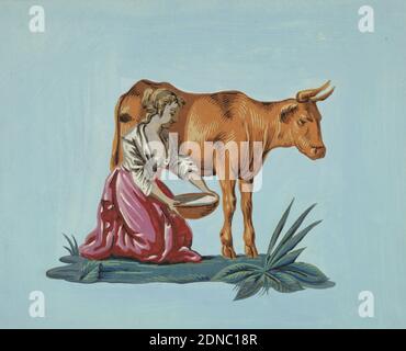 Ornamento, stampato a blocchi su carta fatta a mano, figure di una mucca e di una milkmaid, su campo blu., Francia, ca. 1820, Wallcoverings, ornamento Foto Stock