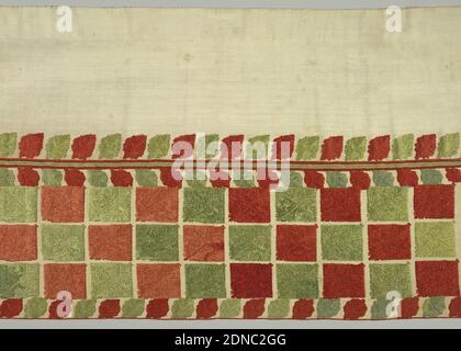 Valance, Medium: Ricamo di seta su fonderia di lino tecnica: Ricamato su tessitura piana, ampia valenza di lino in due parti, unita orizzontalmente da una stretta fascia di nastro. La metà inferiore è ricamata con file orizzontali di foglie stilizzate, di forma quasi quadrata, alternativamente rossa e verde, con bordi di foglie più piccole. La sezione superiore ha un bordo dello stesso disegno di foglia., Dodecanese, Rodi, Grecia, XVIII-XIX secolo, ricamo e cuciture, Valance Foto Stock