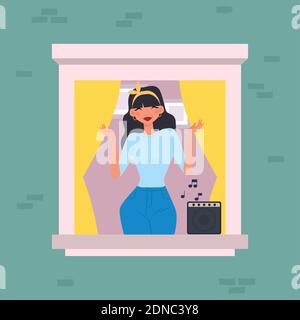 Girl in window hygge style design ilustration - Vector Illustrazione Vettoriale