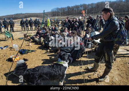 La gendarmeria francese prende posizione durante l'evacuazione degli attivisti ambientali che avevano occupato la 'zona da difendere', ZAD, zona vicino al sito di un progetto di diga nella foresta di Sivens il 6 marzo 2015. La polizia francese si è mossa per liberare un campo di protesta presso il sito del controverso progetto della diga a seguito di una decisione del consiglio regionale di Tarn di sostituire il serbatoio originariamente previsto con uno più piccolo. Foto di Bernard-Marie/ABACAPRESS.COM - Sivens Foto Stock