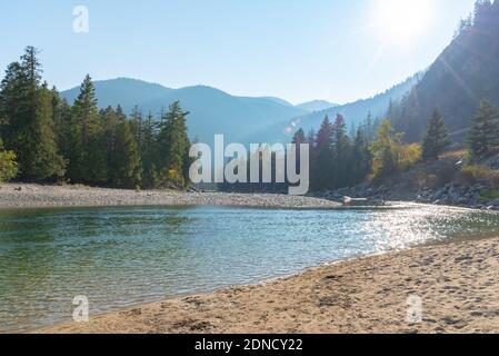 View of sandy beach and Similkameen River on a sunny day at Bromley Rock Provincial Park Stock Photo