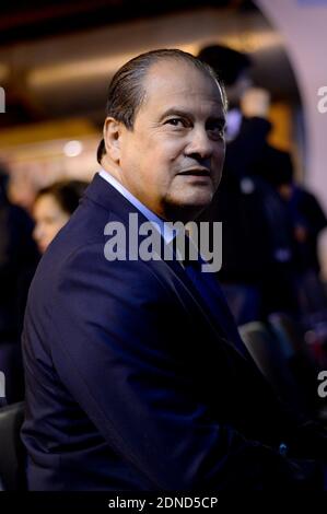 Il capo del partito socialista francese Jean-Christophe Cambadelis partecipa ad una riunione di campagna in vista delle prossime elezioni di Evry, nella periferia di Parigi, in Francia, il 16 marzo 2015. Foto di Nicolas Gouhier/ABACAPRESS.COM Foto Stock