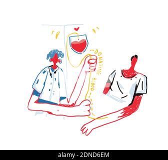 Personaggi volontari seduti in Medical Hospital Chairs. Donare sangue. Medico infermiere prenderlo in fiasche di prova, donazione, Giornata Mondiale del donatore di sangue, Salute Foto Stock