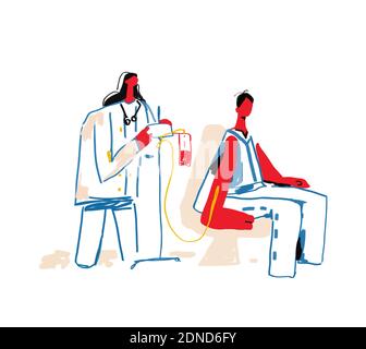 Personaggi volontari seduti in Medical Hospital Chairs. Donare sangue. Medico infermiere prenderlo in fiasche di prova, donazione, Giornata Mondiale del donatore di sangue, Salute Foto Stock