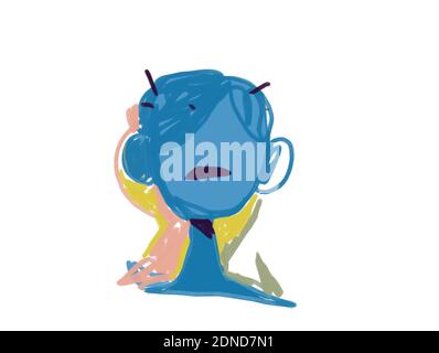 Ritratto astratto di donna blu. Arte outsider e pittura contemporanea. Schizzo isolato su bianco. Per la stampa di poster e canvas Foto Stock