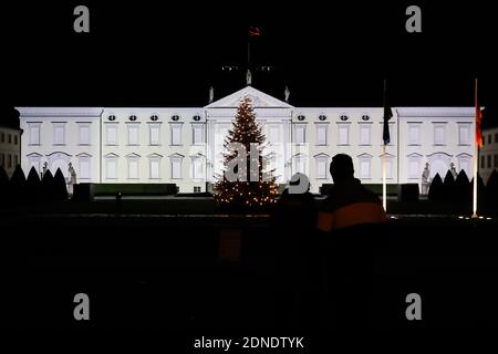 Berlin, Germany. 17th Dec, 2020. Visitors watch the illuminated Bellevue Palace during a light projection in Berlin, capital of Germany, Dec. 17, 2020. A light projection with the theme 'Lichtblick (Ray of Hope)' was held at Bellevue Palace in Berlin, aiming to call on solidarity among the public to fight the COVID-19 pandemic. Credit: Shan Yuqi/Xinhua/Alamy Live News Stock Photo