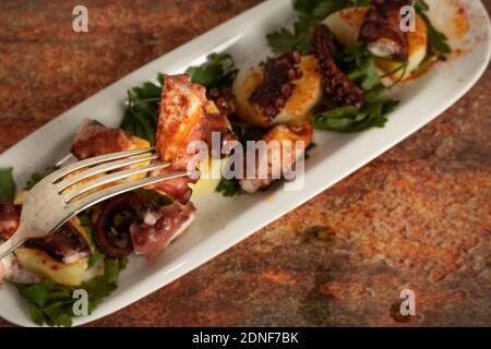 Vassoio allungato con polpo galiziano, con patate, paprika, olio d'oliva su fondo rustico di granito. Cucina etnica spagnola. Foto Stock