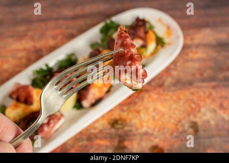 Vassoio allungato con polpo galiziano, con patate, paprika, olio d'oliva su fondo rustico di granito. Cucina etnica spagnola. Foto Stock