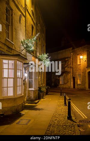 Alberi di Natale e luci fiabe fuori Woodstock case in strada parco di notte. Woodstock, Oxfordshire, Inghilterra Foto Stock