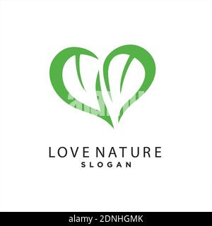 Icona del logo verde con forma a cuore e due foglie. Può essere usato per eco, vegan, erbe o la natura Illustrazione Vettoriale