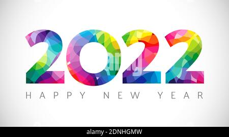 2022 UN felice anno nuovo congrats concetto. Logotipo di vetro colorato. Splendido sfondo innevato. Modello grafico isolato astratto. Numero decorativo Illustrazione Vettoriale