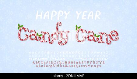 Happy Year Candy cane, divertente sfondo carino per poster, sito web, volantino. Alfabeto cartoon con decorazione mistletoe. Illustrazione Vettoriale