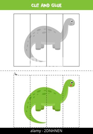 Taglia e colla gioco per bambini. Simpatico dinosauro verde. Pratica di taglio per i preschoolers. Foglio di lavoro didattico per bambini. Illustrazione Vettoriale