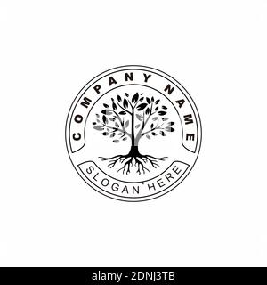 Logo Tree of Life Stamp Seal Emblem Oak Banyan Maple design Illustrazione Vettoriale