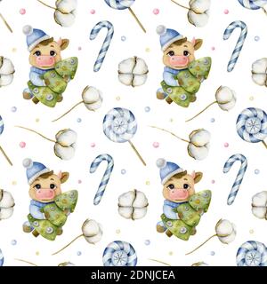 Acquerello Natale senza cuciture motivo con vitello, cotone, e caramella. Immagine invernale a colori acquerelli su sfondo chiaro. Foto Stock