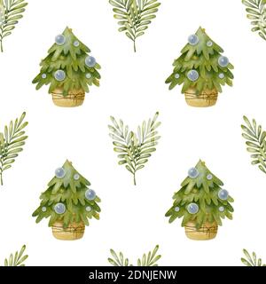 Acquerello Natale modello senza giunture con albero di Natale e ramo. Immagine acquerello su sfondo chiaro. Foto Stock