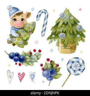 Un acquerello luminoso illustrazione di Natale e Capodanno. Insieme di Natale di albero di Natale, vitello, lollypop, ramo con bacca, cuore e palla. Foto Stock