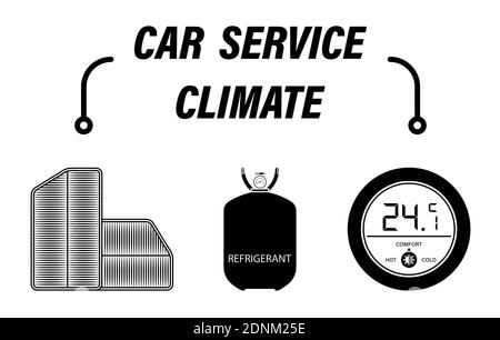 Infografiche, servizio di riparazione auto. Rifornimento di refrigerante, filtri dell'aria e climatizzatore in auto. Set di icone vettoriali Illustrazione Vettoriale