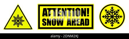 low temperature, snow ahead warning attention sign on yellow. Safety and warning for snow on road. Set of yellow black danger signs. Isolated vector Stock Vector