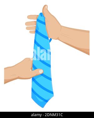 l'uomo sta tenendo la cravatta a strisce nelle sue mani, provando su un vestito. Abbigliamento stile business, moda maschile. Vettore cartoon su sfondo bianco Illustrazione Vettoriale