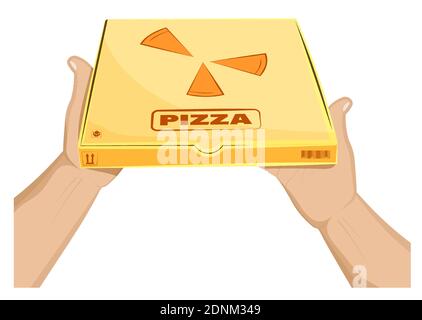 mani mans tenere una scatola chiusa con pizza. Cucina italiana. Consegna a domicilio cibo. Vettore cartoon su sfondo bianco Illustrazione Vettoriale