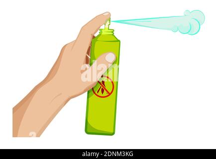 l'uomo tiene in mano uno spray per insetti, preme con il dito indice e spruzza un aerosol. Lotta contro i parassiti, trattamento sanitario dei locali. Illustrazione Vettoriale