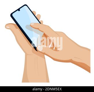 mans hand tiene uno smartphone e preme un dito sullo schermo a sfioramento. Utilizzo di dispositivi intelligenti portatili, navigazione, comunicazione. Vettore cartoon su bianco ba Illustrazione Vettoriale