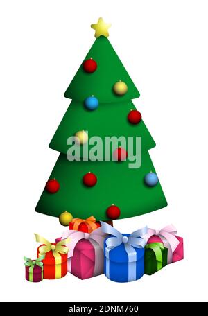 2021, albero di Natale decorato con palle di vetro multicolore. Natale e Capodanno. Scatole regalo sotto l'albero. Meeting vacanze di buon umore. Vettore in c Illustrazione Vettoriale
