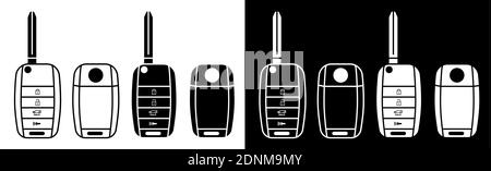 Chiave per auto pieghevole. Allarme auto, portachiavi. Vettore bianco e nero in stile piatto e lineare Illustrazione Vettoriale