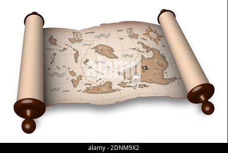 antico scroll con mappa pirata in stile cartoon. Giochi per bambini, caccia al tesoro. Vecchia mappa con percorso di caccia al tesoro. Vettore Illustrazione Vettoriale