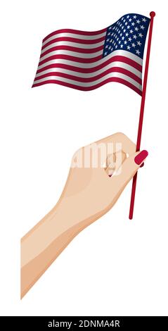 La mano femminile tiene delicatamente una piccola bandiera americana. Elemento di design per le vacanze. Vettore cartoon su sfondo bianco Illustrazione Vettoriale