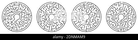 Giochi per bambini. Labirinti rotondi, set labirinti. Puzzle e giochi per lo sviluppo di intelligenza in un bambino e un adulto. Vettore Illustrazione Vettoriale