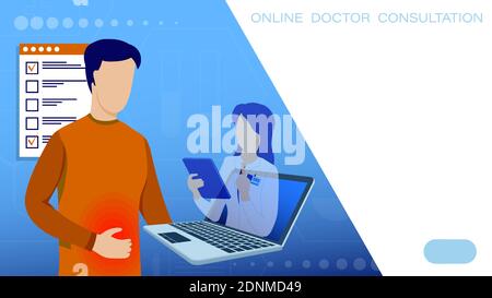Aiuto medico online. L'uomo malato consulta il medico circa il trattamento. Tele medicina. Consultazione online del paziente con il medico via Internet dal computer portatile. Illustrazione Vettoriale