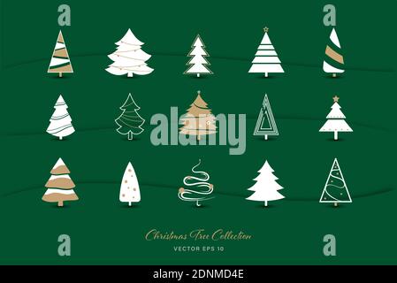 Moderno albero di Natale icona set di 15 disegni su verde sfondo a colori Illustrazione Vettoriale