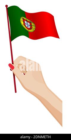 La mano femminile tiene delicatamente la bandiera del Portogallo. Elemento di design per le vacanze. Vettore cartoon su sfondo bianco Illustrazione Vettoriale