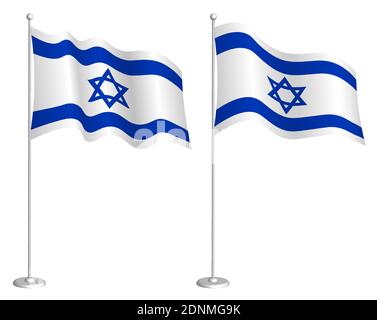 bandiera di israele sul flagpole che ondeggiante nel vento. Elemento di design per le vacanze. Punto di verifica per i simboli della mappa. Vettore isolato su sfondo bianco Illustrazione Vettoriale