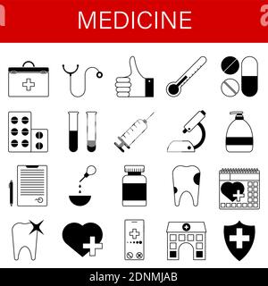 serie di icone mediche. Kit di pronto soccorso, stetoscopio, pillole, siringa, dente, microscopio, provette, ospedale, conclusione medico. Vettore Illustrazione Vettoriale