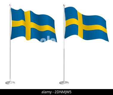 Sweden flag on flagpole waving in the wind. Holiday design element. Checkpoint for map symbols. Isolated vector on white background Stock Vector