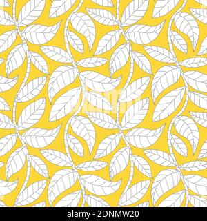 Seamless vector pattern with simple leaves on branches in ultimate gray and illuminating yellow. Vibrant nature wallpaper background. Illustrazione Vettoriale