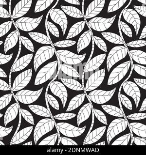 Modello vettoriale senza giunture con foglie semplici su rami in bianco e nero. Sfondo sfondo natura. Illustrazione Vettoriale