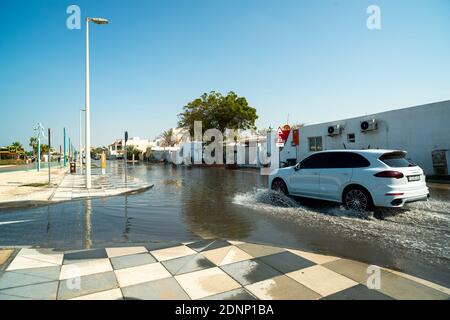 Dubai, United Arab Emirates 01.08.2018: A flooded street after unusually heavy rain. Climate change concept. Stock Photo