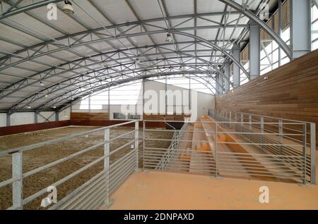 Struttura del tetto in metallo o struttura del tetto dell'edificio interno dello stadio Con travi metalliche e trussi Foto Stock