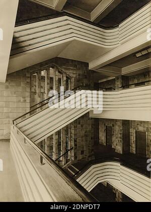 Photographenatelier Gebr. Dransfeld, Carl Dransfeld, staircase of the city hall, Wilhelmshaven, silver gelatine paper, black and white positive process, image size: height: 23.00 cm; width: 17.20 cm, stamp: FOTO-HAUS-DRANSFELD, OHLSDORFERSTR. 2, WINTERHUDER MARKET PLACE; Under each reproduction is to be printed, Foto Dransfeld, Lichtbildner, Hamburg 39, Ohlsdorferstr. 2 /Copyright, (Law of Jan. 9. 1907), Architectural Photography, City Hall, Stairs, Staircase, Interior Decoration (of a House), The Photo Studio Gebr. Dransfeld was founded in 1902 by the trained lithographer Carl Dransfeld and h Stock Photo