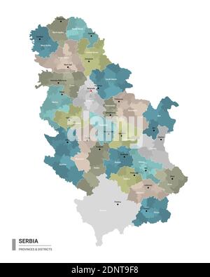 Serbia higt mappa dettagliata con suddivisioni. Mappa amministrativa della Serbia con il nome di distretti e città, colorata per stati e distretto amministrativo Illustrazione Vettoriale