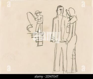 Gustav Heinrich Wolff, Studi del Pescatore e della coppia, Pencil, pergamena, disegno, Pencil su pergamena, totale: Altezza: 11.4 cm; larghezza: 14.5 cm, disegno, grafica, schizzi, amanti, amanti, Pescatore, Pescatore, Pescatore, Modernismo classico, due studi su un foglio: Al centro un pescatore con pesce, a destra uomo e donna in abiti contemporanei di strada, donna di profilo a sinistra (cfr Holthusen woodcut no 52); dal libro di schizzo aprile-maggio 1924 Foto Stock