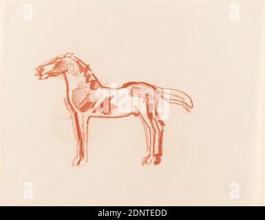 Gustav Heinrich Wolff, cavallo, carta da disegno, gesso rosso, disegno, gesso rosso su carta da disegno, totale: Altezza: 17,4 cm; larghezza: 22 cm, schizzi, disegno, grafica, cavallo, animali, Modernismo classico, disegno di un cavallo in piedi, dal libro di disegno 1926-27 Foto Stock