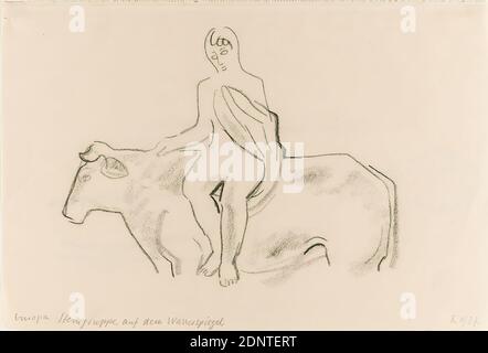 Gustav Heinrich Wolff, Europa und der Stier (gruppo di pietre sulla superficie dell'acqua), carta da disegno, carbone da disegno, carta da disegno, totale: Altezza: 20.1 cm; larghezza: 29.9 cm, recto in basso a sinistra inscritto Europa in matita. Gruppo di pietre sul livello dell'acqua e datato (da una mano straniera?): X.1927, disegno, grafica, schizzi, disegni di disegno, toro, rapimento d'Europa, mitologia classica/Storia Antica, Equitazione, Modernismo classico, disegno di un'Europa sulla toro, ovviamente disegno di una scultura (vedi nome del gruppo di pietre), foglio unico dal libro di disegno 1927 Foto Stock