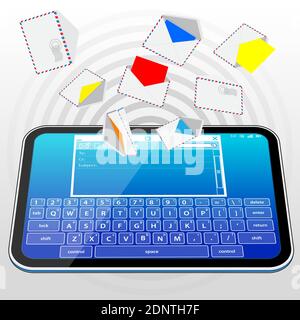 Un Tablet PC che riceve e invia e-mail (posta elettronica) tramite un'interfaccia di applicazione di posta elettronica. Illustrazione Vettoriale