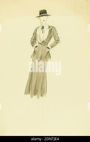 Ernst Dryden, donna in costume grigio, carta, matita, acquerello non coprente, acquerello, disegno, acquerello sopra il piombo, totale: Altezza: 45.8 cm; larghezza: 30.7 cm, disegno, grafica, disegni di design, illustrazioni, moda, abbigliamento, moda donna, gonna Foto Stock